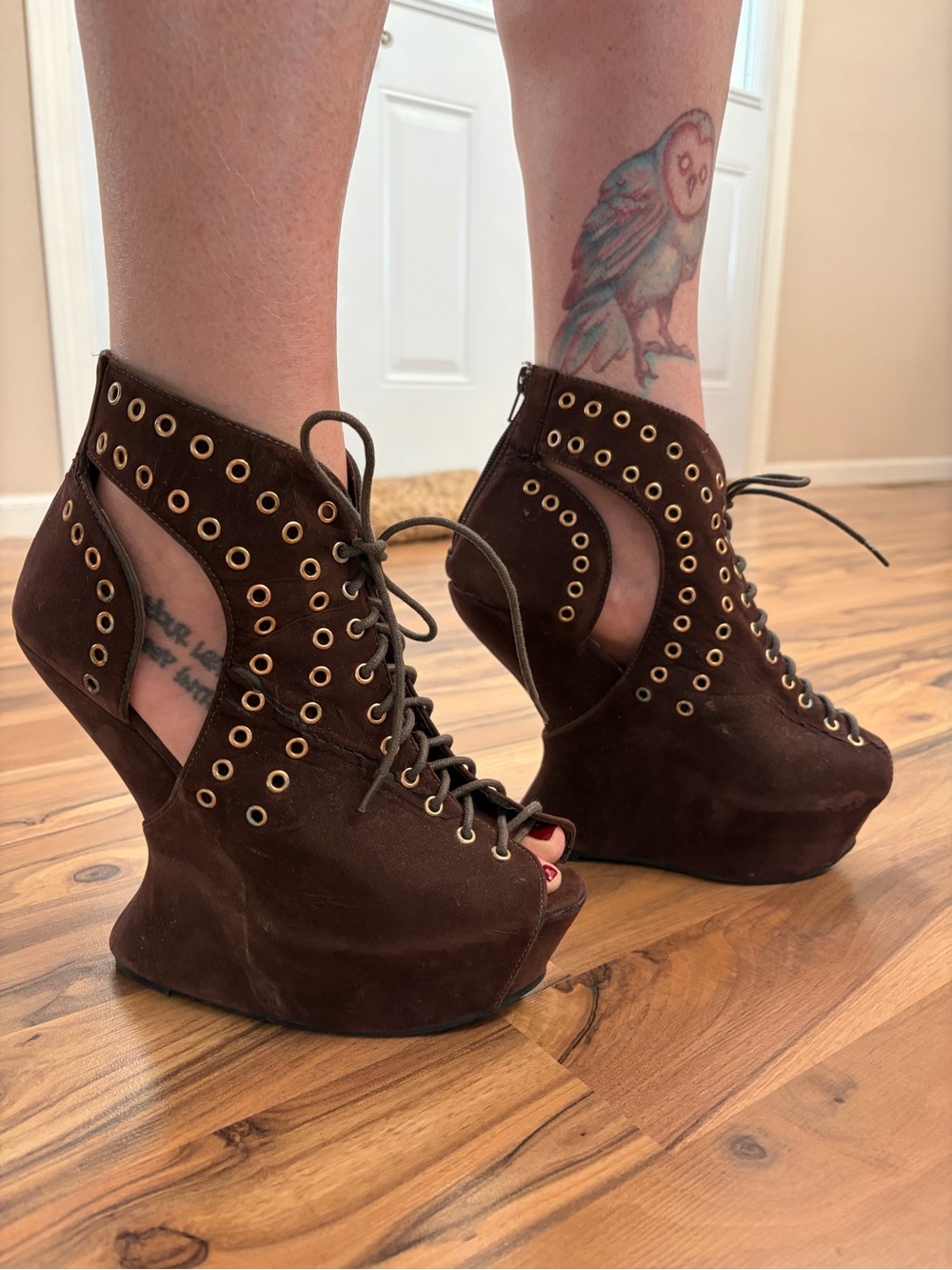 Brown Suede Cutout Lace-Up Wedge Heels